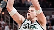 Michigan State forward Jaxon Kohler (0) makes a jump shot against Duke during the first half at Breslin Center in East Lansing on Saturday, Dec. 6, 2025.