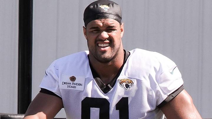 Jacksonville Jaguars Defensive Tackle Arik Armstead (91) cools down while riding a fan cycle after the Jacksonville Jaguars seventh day of NFL Training Camp at the Miller Electric Center in Jacksonville, Fla., Thursday August 6, 2026.  