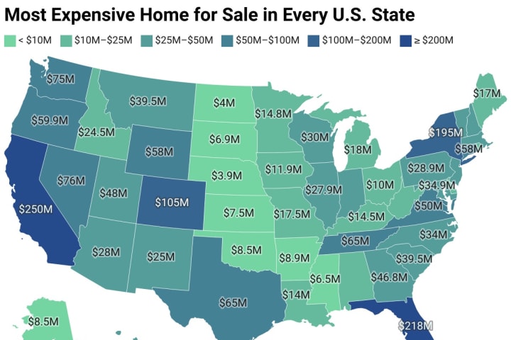 A map of the most expensive homes in each state is pictured