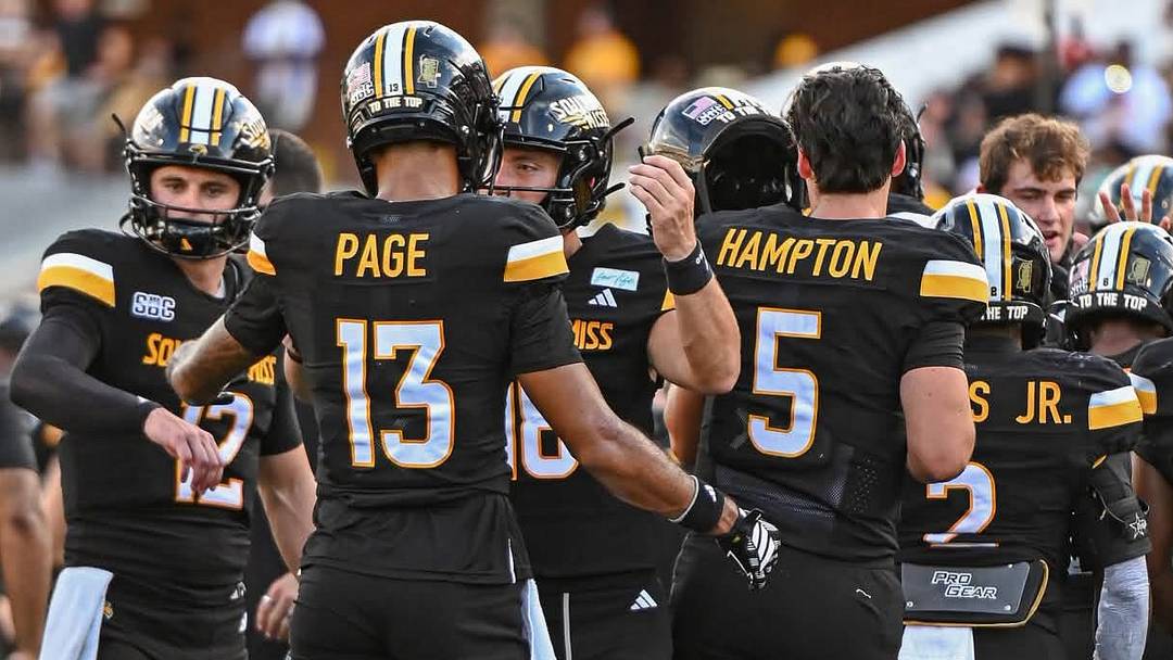 Southern Miss receiver Grant Page (13) and quarterback Ethan Hampton (5) are listed as probable for Southern Miss' Week 9 game at ULM.
