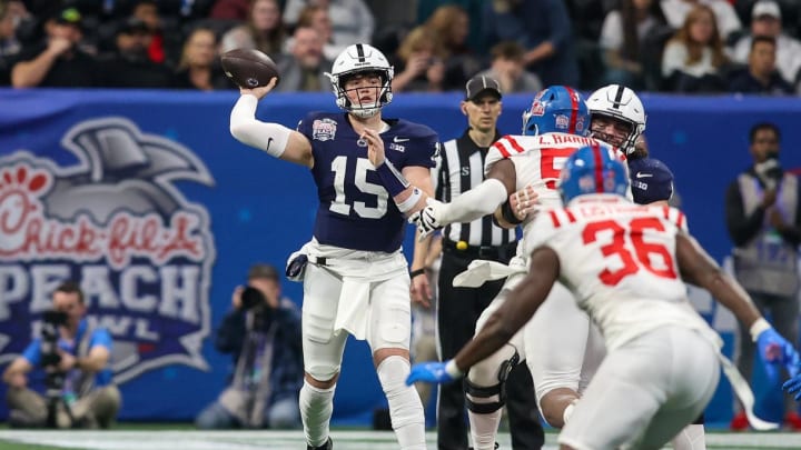 Penn State Nittany Lions quarterback Drew Allar throws a pass against the Mississippi Rebels in the second half of the 2023 Peach Bowl. 