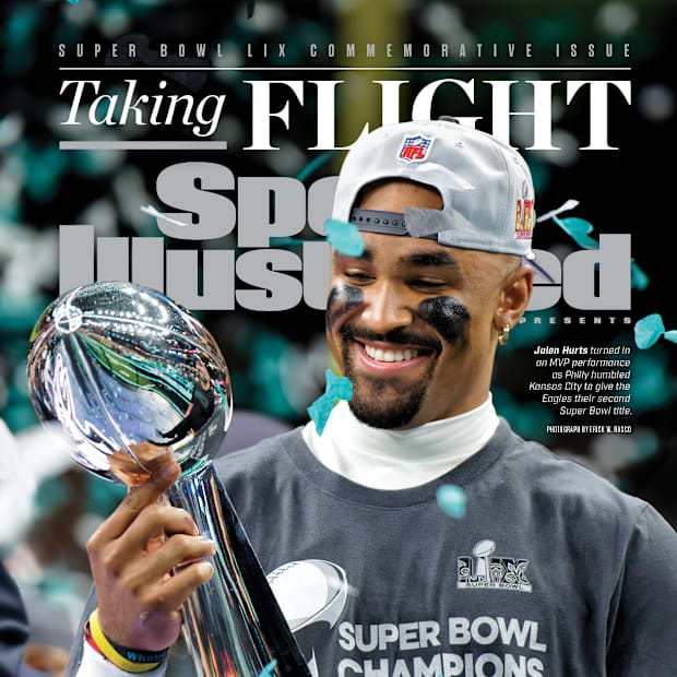 Philadelphia Eagles' Jalen Hurts on the cover of Sports Illustrated after winning Super Bowl LIX.