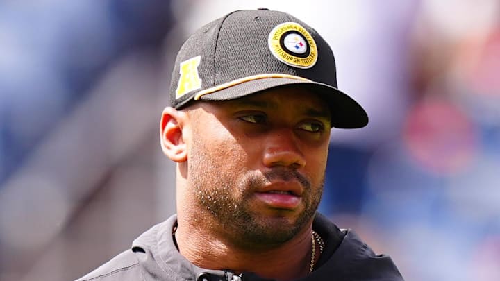 Sep 15, 2024; Denver, Colorado, USA; Pittsburgh Steelers quarterback Russell Wilson (3) before the game against the Denver Broncos at Empower Field at Mile High. Mandatory Credit: Ron Chenoy-Imagn Images