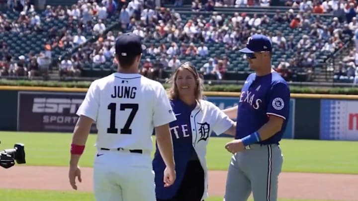 Mary Jung hugs her two sons, Texas Rangers' Josh Jung and Detroit Tigers' Jace Jung, ahead of their matchup. Mary Jung hugs her two sons, Texas Rangers' Josh Jung and Detroit Tigers' Jace Jung, ahead of their matchup.