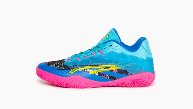 Breanna Stewart's blue and pink PUMA sneakers.