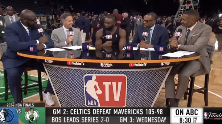Shaquille O'Neal interviews Boston Celtics star Jaylen Brown after NBA Finals Game 2 Shaquille O'Neal interviews Boston Celtics star Jaylen Brown after NBA Finals Game 2