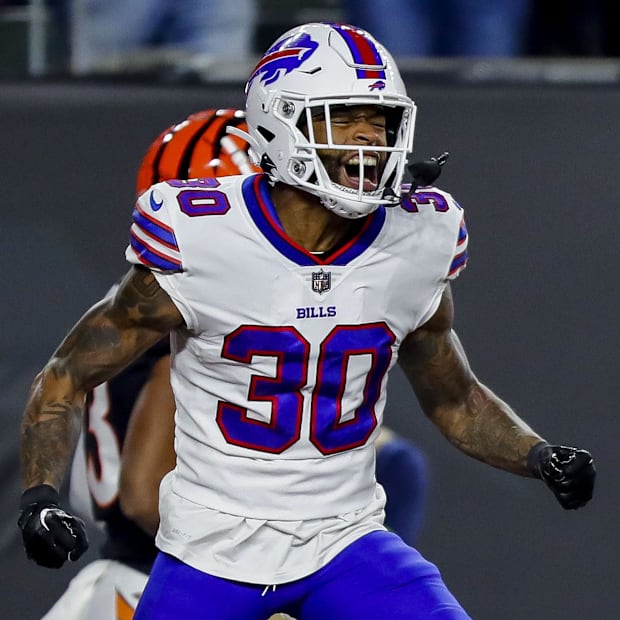 Buffalo Bills CB Dane Jackson reacts after breaking up a pass intended for Cincinnati Bengals WR Tyler Boyd 