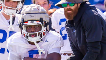 Florida Gators running back Treyaun Webb (5) takes a hand off while running a drill during University of Florida Gators’ Spring football practice at Sanders Practice Fields in Gainesville, FL on Thursday, March 28, 2024. [Doug Engle/Gainesville Sun]