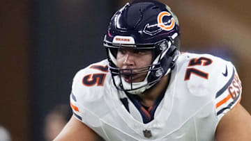 Former Chicago Bears offensive tackle Larry Borom (75) against the Arizona Cardinals at State Farm Stadium.