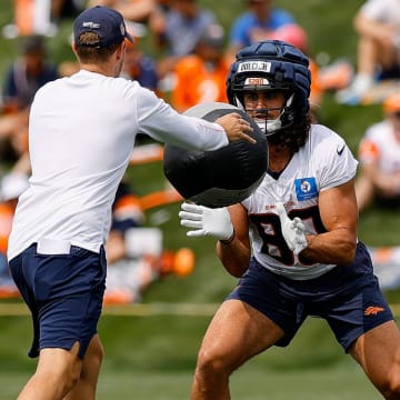 Denver Broncos tight end Greg Dulcich (80) during training camp at Broncos Park Powered by CommonSpirit. 