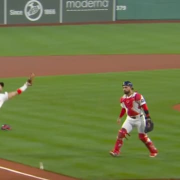 Boston Red Sox third baseman Marcelo Mayer misplays a fly ball in the infield. 