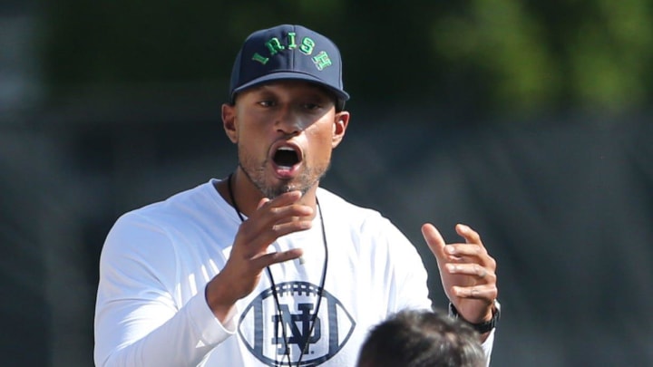 Notre Dame football coach Marcus Freeman during Notre Dame football fall camp Thursday, July 27, 2023, at the Irish Athletics Center in South Bend.