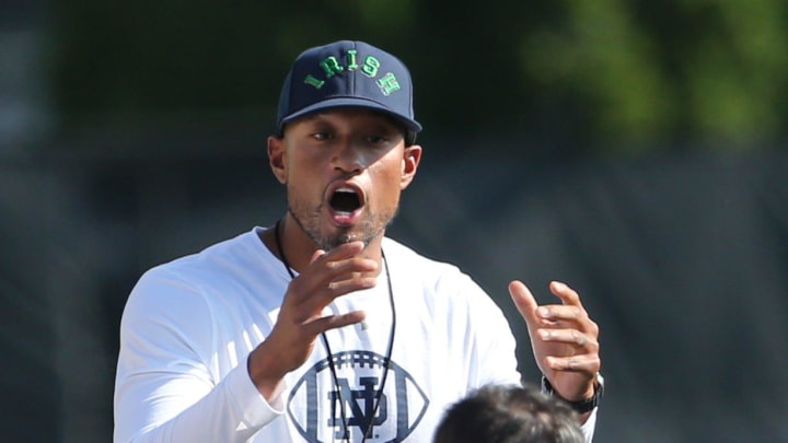 Notre Dame football coach Marcus Freeman during Notre Dame football fall camp Thursday, July 27, 2023, at the Irish Athletics Center in South Bend.