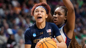 Notre Dame Fighting Irish guard Hannah Hidalgo (3) goes up for a layup as TCU Horned Frogs face off with Notre Dame Fighting Irish during the Sweet 16 at Legacy Arena in Birmingham, Ala., on Saturday, March 29, 2025. TCU Horned Frogs defeated Notre Dame Fighting Irish 71-62 to advance to the Elite 8.