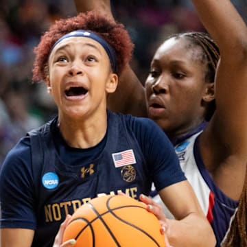 Notre Dame Fighting Irish guard Hannah Hidalgo (3) goes up for a layup as TCU Horned Frogs face off with Notre Dame Fighting Irish during the Sweet 16 at Legacy Arena in Birmingham, Ala., on Saturday, March 29, 2025. TCU Horned Frogs defeated Notre Dame Fighting Irish 71-62 to advance to the Elite 8.