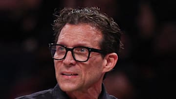 Mar 16, 2025; Brooklyn, New York, USA; Atlanta Hawks head coach Quin Snyder reacts during the second half against the Brooklyn Nets at Barclays Center. Mandatory Credit: Vincent Carchietta-Imagn Images