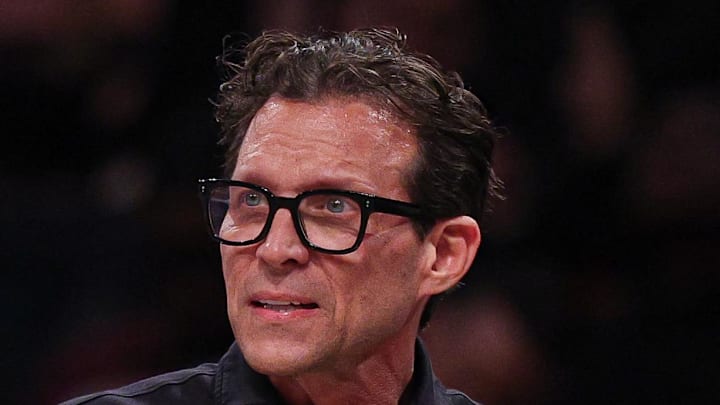 Mar 16, 2025; Brooklyn, New York, USA; Atlanta Hawks head coach Quin Snyder reacts during the second half against the Brooklyn Nets at Barclays Center. Mandatory Credit: Vincent Carchietta-Imagn Images