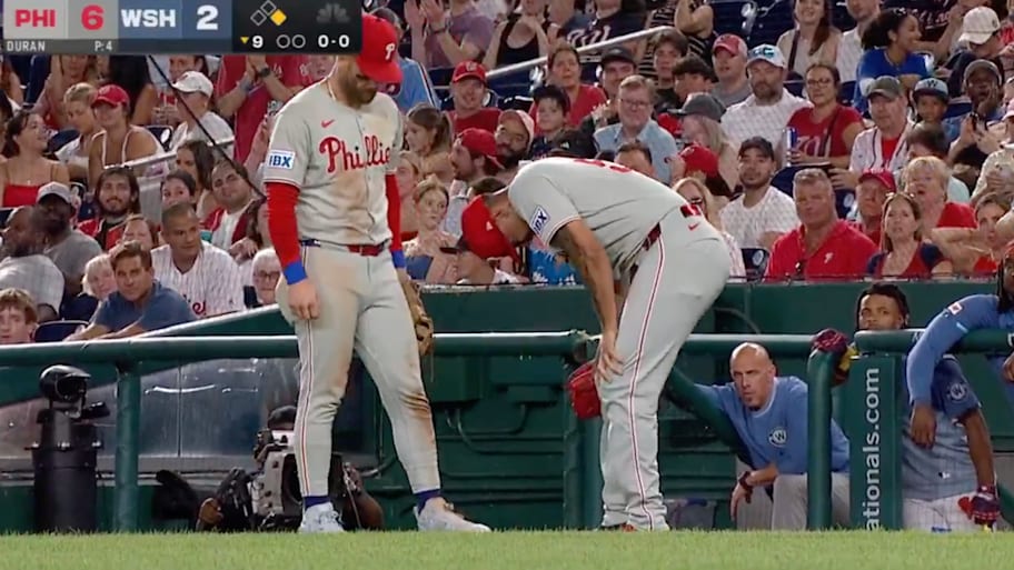 Phillies closer Jhoan Durán was hit in the foot.  | @TalkinBaseball_