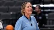North Carolina Tar Heels head coach Courtney Banghart talks with her team during practice before their Sweet 16 matchup with Duke at Legacy Arena in Birmingham, Ala., on Thursday, March 27, 2025.
