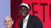 Jun 25, 2025; Brooklyn, NY, USA;  Khaman Maluach stands with NBA commissioner Adam Silver after being selected as the tenth pick by the Houston Rockets in the first round of the 2025 NBA Draft at Barclays Center. Mandatory Credit: Brad Penner-Imagn Images