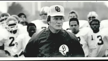 OU football head coach Barry Switzer talks to his team on the first day of spring practice on April 3, 1979, at Owen Field in Norman.