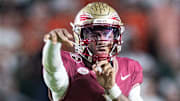 Florida State Seminoles quarterback Tommy Castellanos (1) passes the ball down the field. The Miami Hurricanes defeated the Florida State Seminoles 22-28 at Doak Campbell Stadium on Saturday, Oct. 4, 2025.