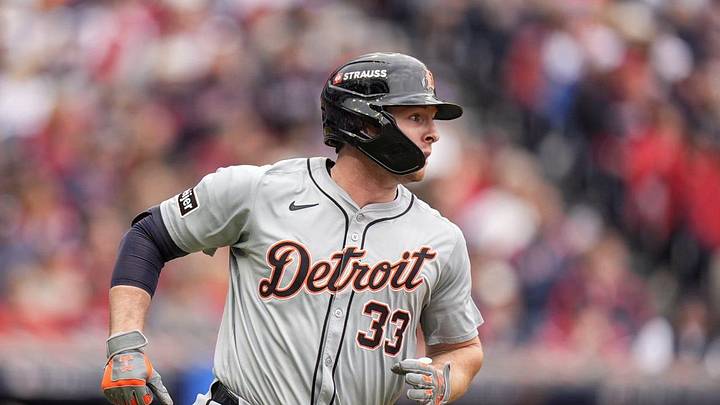 Tigers' Colt Keith runs after batting a double against Guardians in the 7th inning at Game 5 of ALDS at Progressive Field in Cleveland, Ohio on Saturday, Oct. 12, 2024.