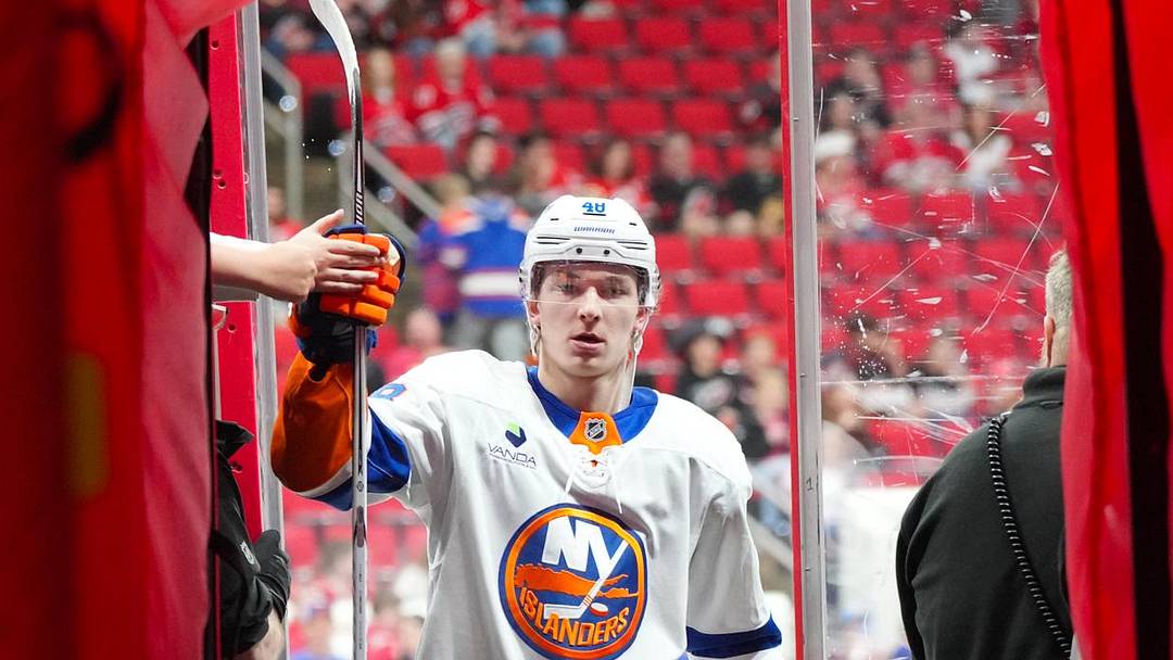 Apr 4, 2026; Raleigh, North Carolina, USA;  New York Islanders defenseman Matthew Schaefer (48) comes off the ice after the warmups before the start of the game against the Carolina Hurricanes at Lenovo Center. Mandatory Credit: James Guillory-Imagn Images