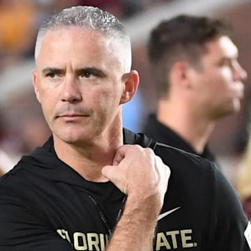 Oct 4, 2025; Tallahassee, Florida, USA; Florida State Seminoles head coach Mike Norvell before a game against the Miami Hurricanes at Doak S. Campbell Stadium. Mandatory Credit: Robert Myers-Imagn Images