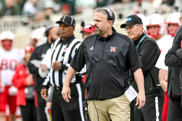 Nebraska's head coach Matt Rhule looks on from the sideline during the second quarter in the game against Michigan State on S