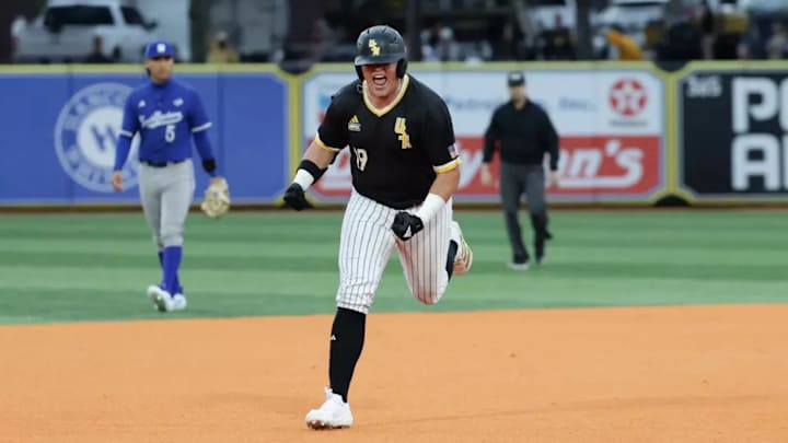 Southern Miss star first baseman Matthew Russo gets fired up after launching a home run over the right field wall in the sixth inning of Sunday's game against UC Santa Barbara.
