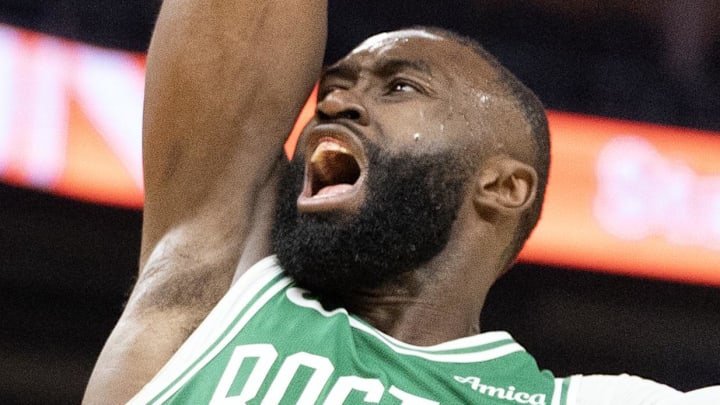 Feb 19, 2026; San Francisco, California, USA; Boston Celtics guard Jaylen Brown (7) drives to the basket ahead of Golden State Warriors forward Gui Santos (15) during the second quarter at Chase Center. Mandatory Credit: D. Ross Cameron-Imagn Images