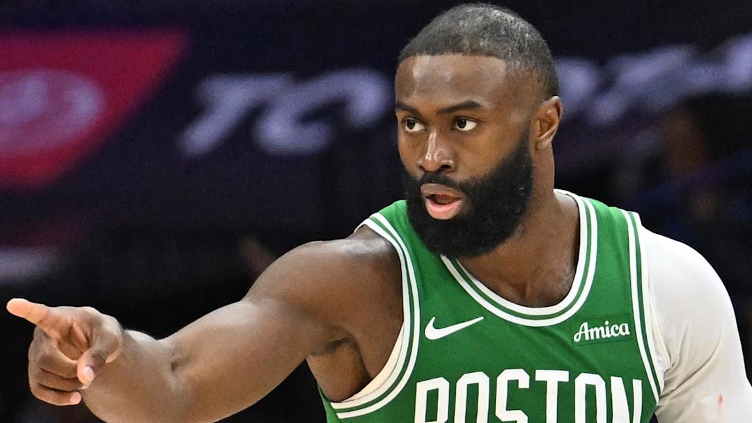Apr 26, 2026; Philadelphia, Pennsylvania, USA; Boston Celtics guard Jaylen Brown (7) reacts after making a three point basket against the Philadelphia 76ers during the second half at Xfinity Mobile Arena. Mandatory Credit: Eric Hartline-Imagn Images
