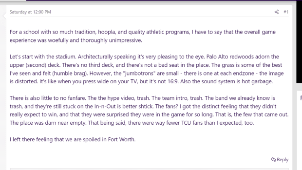 Atomic Frawg's opinion on the Stanford Game Day experience on the KillerFrogs Fan Forum