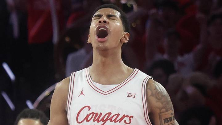 Feb 21, 2026; Houston, Texas, USA;  Houston Cougars center Chris Cenac Jr. (5) reacts while playing against the Arizona Wildcats in the second half at Fertitta Center. Mandatory Credit: Thomas Shea-Imagn Images