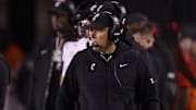 Nov 1, 2025; Salt Lake City, Utah, USA; Cincinnati Bearcats head coach Scott Satterfield looks on during the second half of the game against the Utah Utes at Rice-Eccles Stadium. Mandatory Credit: Rob Gray-Imagn Images