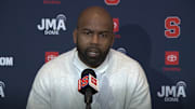 December 3, 2025; Syracuse, New York, USA; Syracuse coach Fran Brown addresses the media at his signing day news conference at the John A. Lally Athletics Complex. Mandatory Credit: Screen shot courtesy Syracuse University Athletic Communications 