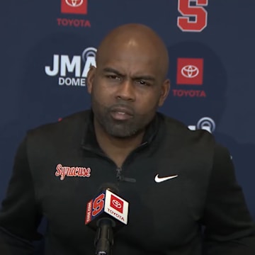 November 17, 2025; Syracuse, New York, USA; Syracuse coach Fran Brown addresses the media at his weekly news conference at the John A. Lally Athletics Complex. Mandatory Credit: Screen shot courtesy Syracuse University Athletic Communications