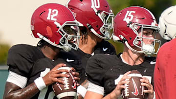 Quarterbacks Ty Simpson (15), Keelon Russell (12) and Austin Mack (10)