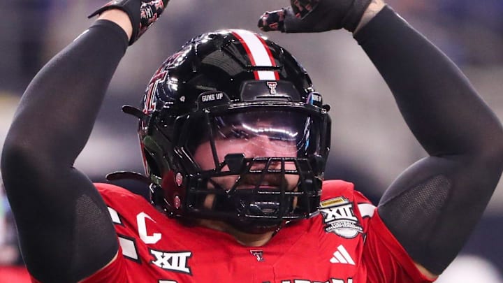 Texas Tech's Jacob Rodriguez asks for more crowd noise during the Big 12 Championship football game, Saturday, Nov. 6, 2025, at AT&T Stadium in Arlington.