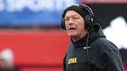Nov 24, 2023; Lincoln, Nebraska, USA; Iowa Hawkeyes head coach Kirk Ferentz watches his team play the Nebraska Cornhuskers at Memorial Stadium. Mandatory Credit: Reese Strickland-Imagn Images
