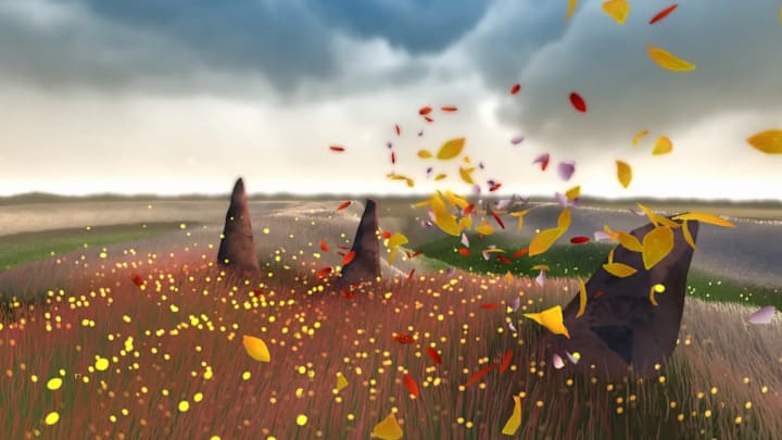 Petals floating around a valley in Flower.
