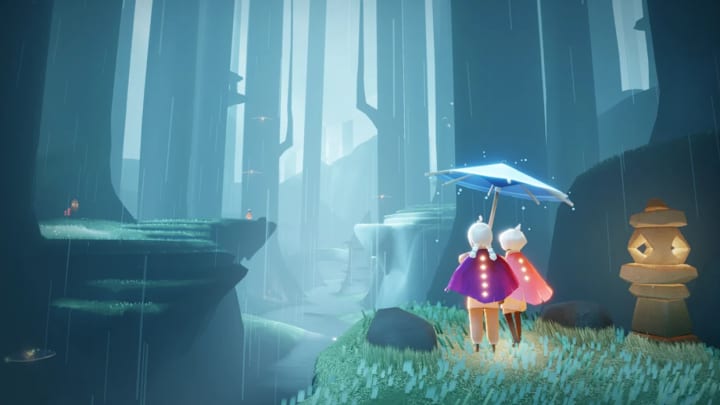 Two characters in Sky: Children of the Light stand under an umbrella in a desolate forest. 