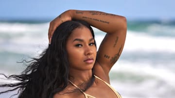 Jordan Chiles was photographed by Ben Horton at The Boca Raton. Swimsuit by I.AM.GIA.