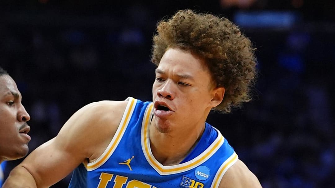 Mar 22, 2026; Philadelphia, PA, USA; UCLA Bruins guard Trent Perry (0) dribbles the ball against the UConn Huskies in the first half during a second round game of the men's 2026 NCAA Tournament at Xfinity Mobile Arena. Mandatory Credit: Kyle Ross-Imagn Images