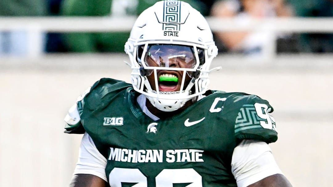 Michigan State's Quindarius Dunnigan celebrates a sack against Western Michigan during the second quarter on Friday, Aug. 29, 2025, in East Lansing.
