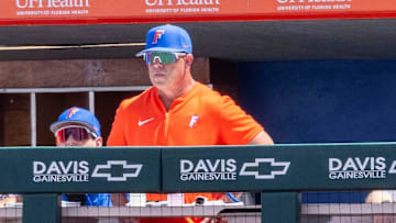 Florida baseball head coach Kevin O'Sullivan watches from the dugout during Game 1 of a doubleheader against Tennessee on May 3. The Gators need to win 3 of their final 6 games to ensure an NCAA Tournament berth this season