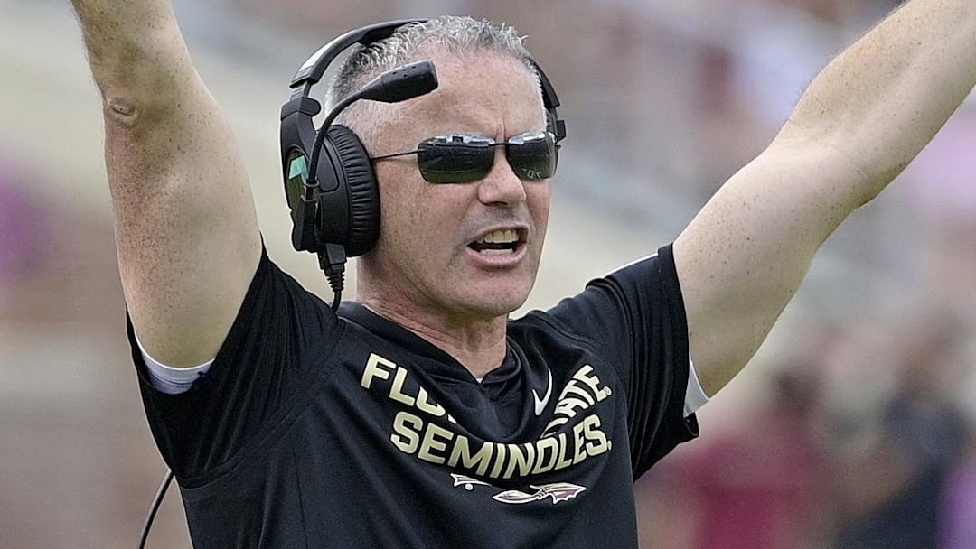Oct 11, 2025; Tallahassee, Florida, USA; Florida State Seminoles head coach Mike Norvell during the second half against the Pittsburgh Panthers at Doak S. Campbell Stadium. Mandatory Credit: Melina Myers-Imagn Images