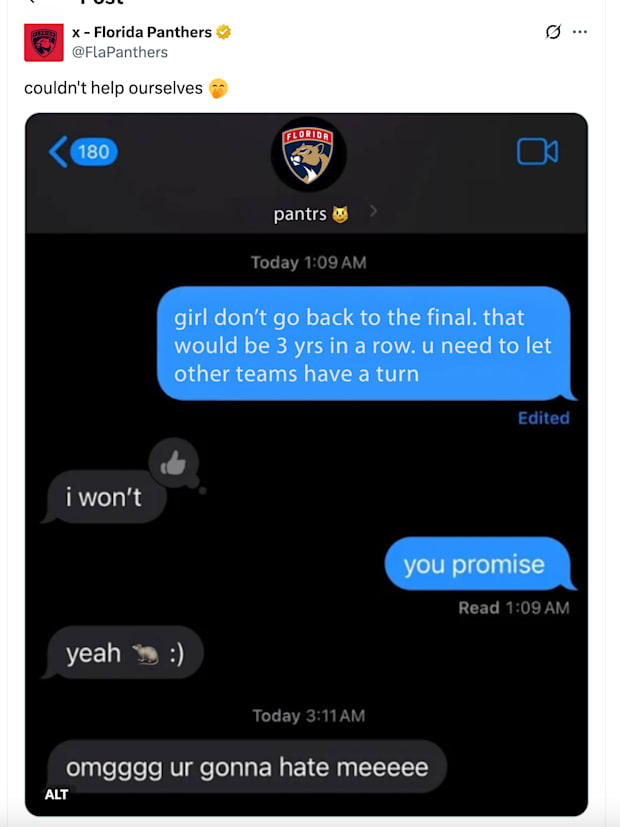 Florida Panthers celebrate third straight Stanley Cup Final trip with perfect meme. 