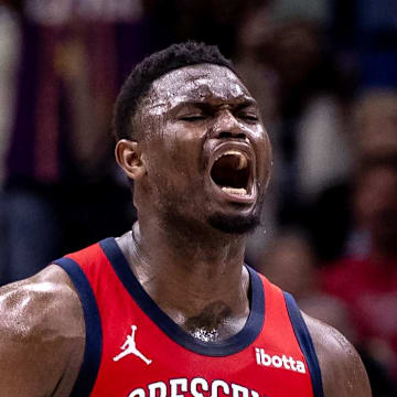 Mar 16, 2024; New Orleans, Louisiana, USA;  New Orleans Pelicans forward Zion Williamson (1) reacts to making a basket against the Portland Trail Blazers during the first half at Smoothie King Center. Mandatory Credit: Stephen Lew-Imagn Images